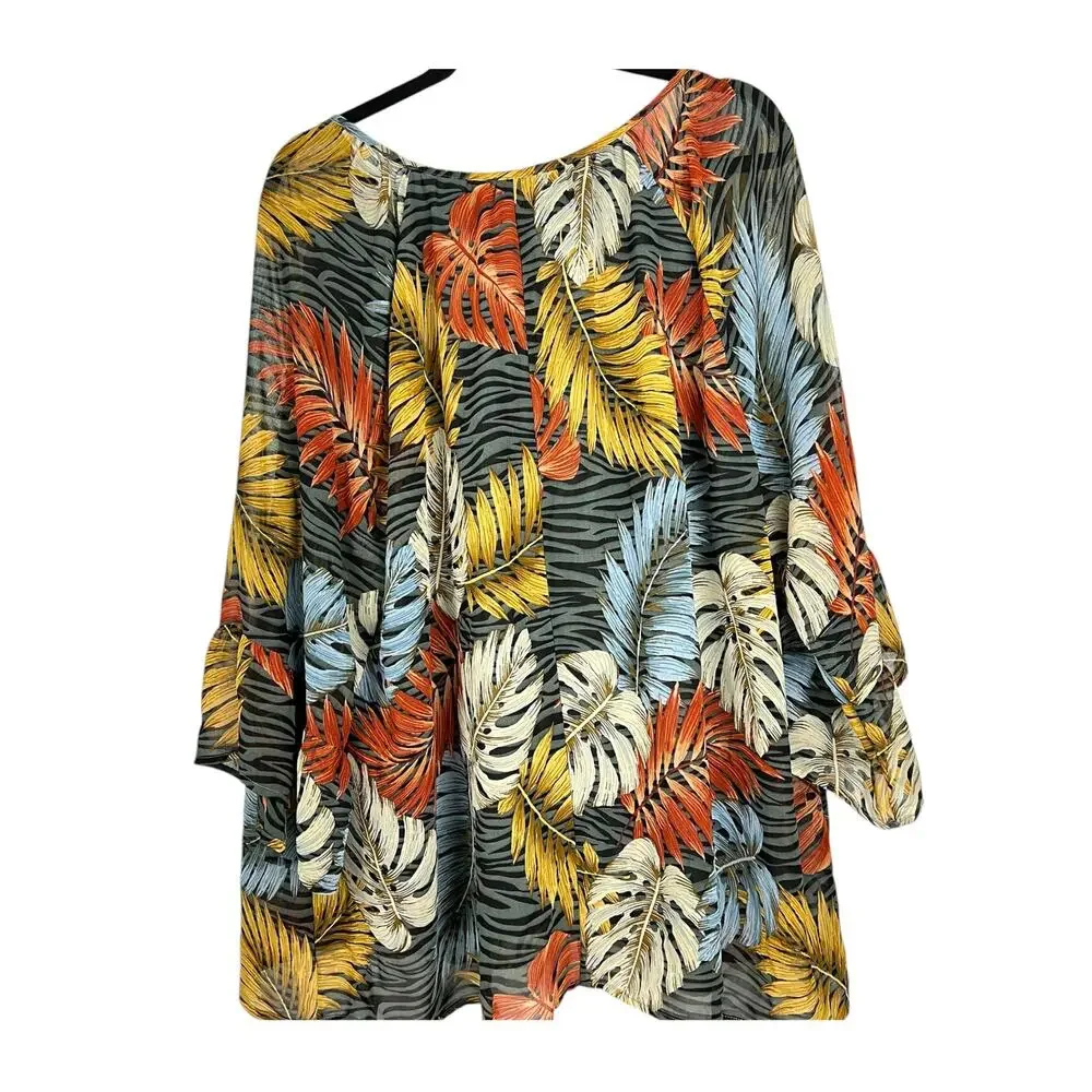 143 STORY by Line Up Dark Florals Leaf Print Chiffon Blouse Ruffled Sleeves 2X